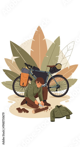 Solo Cyclist Crafting Survival Shelter Amidst Nature's Embrace