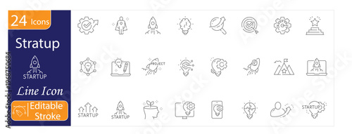 Startup Icons Set, Business Launch, Entrepreneurship, Innovation, Funding, Growth Strategy, Team Collaboration, Editable Stroke Vector Illustration.