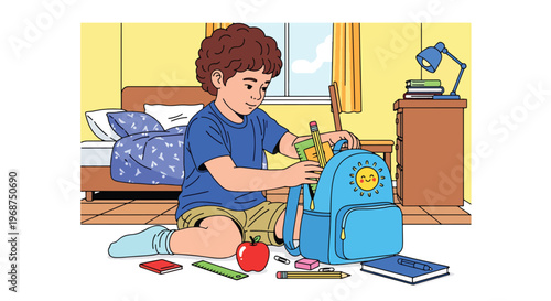 Flat style vector illustration of children organizing school supplies and backpacks, preparing for study and back to school season with education readiness concept