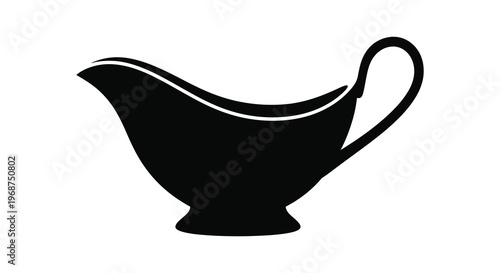 A stark black silhouette depicts a gravy boat showcasing its elegant form and distinctive pouring spout silhouette high quality professional detailed