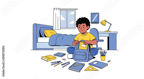 Flat style vector illustration of children organizing school supplies and backpacks, preparing for study and back to school season with education readiness concept