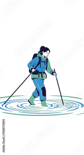 Solo Explorer Navigates Watery Terrain With Trekking Poles