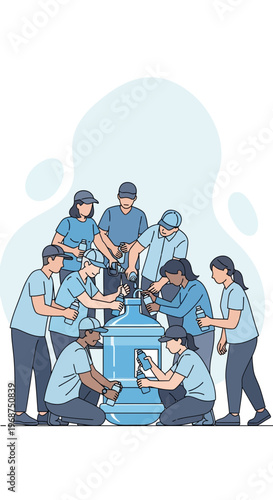 Team Effort Dispensing Refreshing Water for Community Hydration Needs