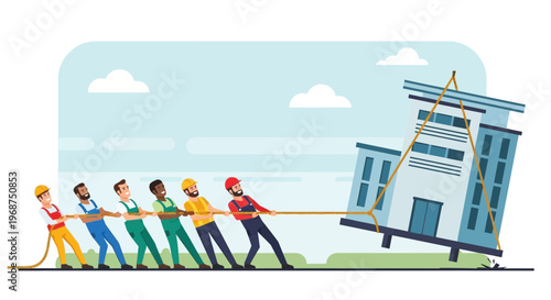 Team Of Workers Pulling A House With A Rope Concept