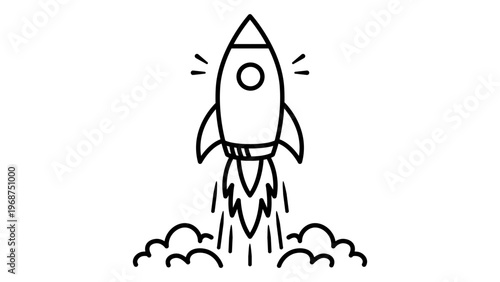 Minimalist black line vector icon of a rocket launch on a white background, hand-drawn doodle illustration representing startup success, space exploration, speed, and business growth concepts