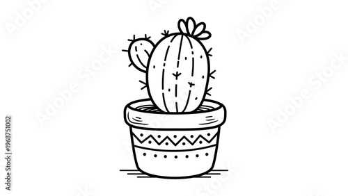 Hand-drawn minimalist black line vector icon of a small cactus in a decorative pot with a blooming flower, isolated on white background. Clean scalable outline illustration for botanical design.