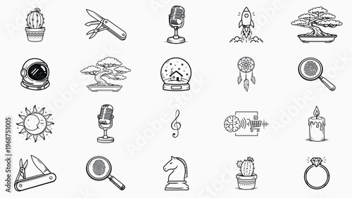 Minimalist Hand-Drawn Black Line Vector Icon Set Collection of 20 Diverse Illustrations: Rocket, Bonsai, Cactus, Ring, Microphone, Chess, Astronaut, Candle, Sun Moon, Multitool, and Music Symbols.