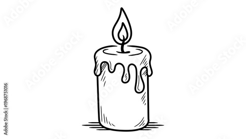 Minimalist hand-drawn black line vector icon of a lit candle with a flickering flame and melting wax drips, isolated on a white background. Clean scalable illustration for logos and web design.