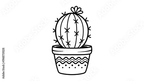 Minimalist black line vector illustration of a small cactus with a flower in a decorative pot. Hand-drawn outline icon on a white background, perfect for botanical designs, gardening, and nature.