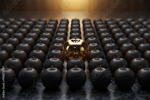 AI Generative Modern Sculpture of Black Apples with Golden Central Piece