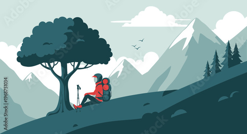 Solo Hiker Resting Under Tree With Mountain Vista