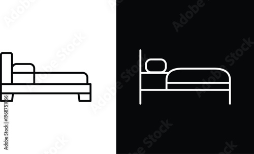 Bed icon minimalist line art for hotel and bedroom, Sleep symbol outline vector graphics for travel and furniture, Simple accommodation mattress sign design elements for web and apps. Editable stroke