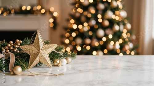 A golden star ornament on a marble surface with a blurred christmas tree and warm bokeh lights in the background, creating a cozy holiday mood.