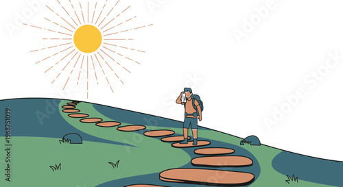 Sunny Day Journey on a Winding Path with a Solitary Hiker