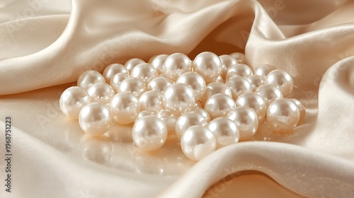AI Generative Pearl Jewelry Display with Lustrous White Pearls on Satin Fabric Background