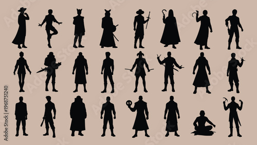 Silhouette collection of various fantasy characters and figures in dynamic poses