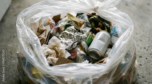 A clear plastic trash bag overflowing with assorted household waste, including paper, cans, and wrappers, against a neutral concrete background.