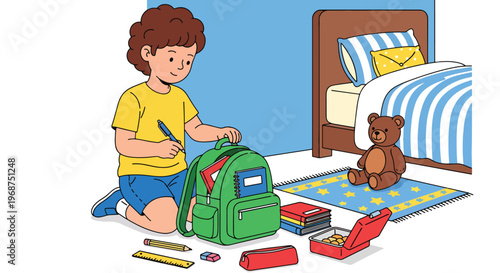 Flat style vector illustration of children organizing school supplies and backpacks, preparing for study and back to school season with education readiness concept