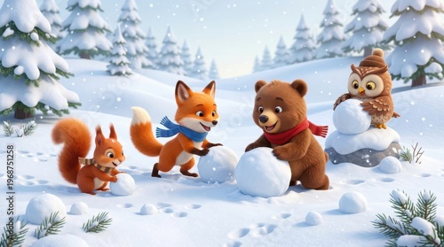 Cute cartoon animals, a fox, bear, squirrel, and owl, happily building a snowman together in a snowy forest on a bright winter day.