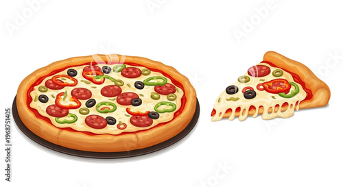 Overhead illustration celebrating National Deep Dish Pizza Day featuring a whole pizza and a single slice with melted cheese, vegetables, and pepperoni against a white background