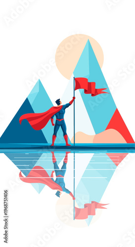 Superhero Standing Tall On Mountain Peak Holding Flag With Reflection