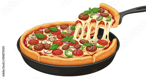 Stylized vector illustration celebrating National Deep Dish Pizza Day, featuring a cheesy deep dish pizza with melted cheese being lifted from the pan, set against a clean white background