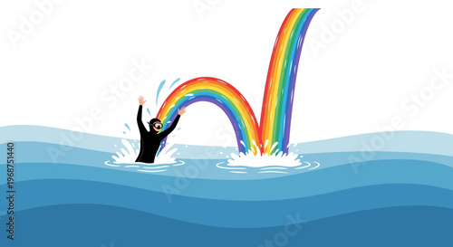 Surfer Embraces Rainbow Splash Emerging From Ocean Waves