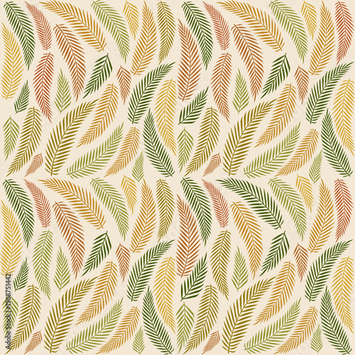 Autumn Palm Leaf Seamless Pattern, Tropical Fern Fall Foliage Background