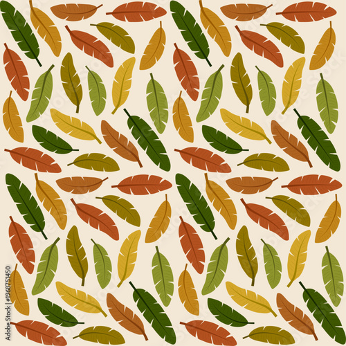 Autumn Banana Leaf Seamless Pattern, Tropical Fall Foliage Background