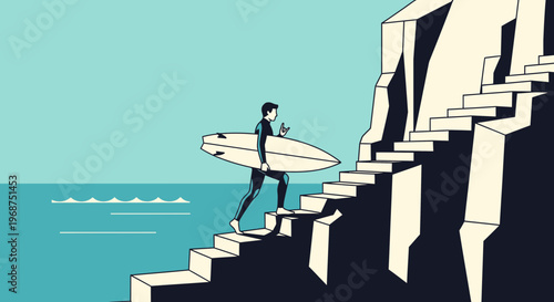 Surfer Climbing Rocky Stairs To Ocean Adventure