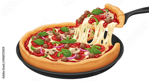 Detailed vector illustration showcasing a delectable deep-dish pizza being lifted from a skillet with melted cheese pull, set against a clean white background, perfect for a pizza day