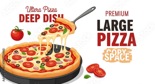 A colorful vector illustration advertises National Deep Dish Pizza Day with a premium large pizza featuring melted cheese and vegetables, set against a clean white background