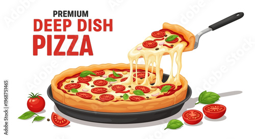 A detailed vector illustration promotes National Deep Dish Pizza Day with a slice being lifted from a cheesy pizza, set against a clean white background to highlight the melted cheese