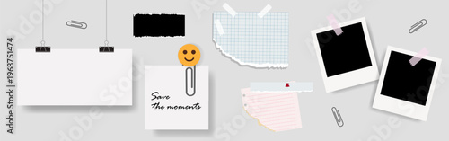  Polaroid photo collage mockup scrapbook memory board set with instant film frames, torn paper textures, tape elements, notebook sheet and paper clips on minimal background for lifestyle design