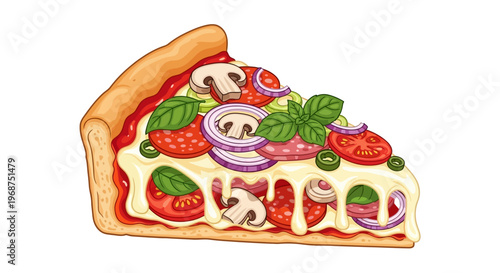 Detailed vector illustration for National Deep Dish Pizza Day featuring a slice of pizza with melted cheese, vegetables, and pepperoni, presented in a colorful design