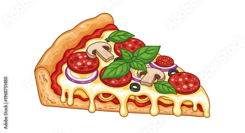 Detailed vector illustration commemorates National Deep Dish Pizza Day, showcasing a slice of deep-dish pizza with melted cheese, pepperoni, mushrooms, basil, and vegetables against a clean