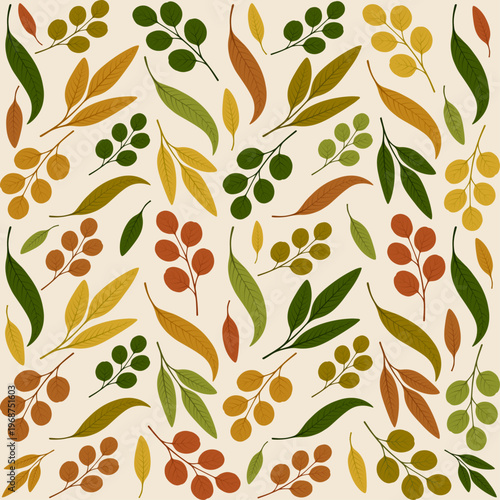 Autumn Leaves and Branches Seamless Pattern, Fall Botanical Background