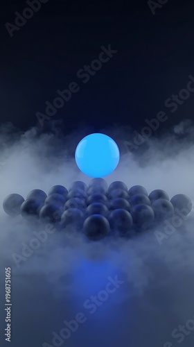 AI Generative Surreal Scene with Blue Illuminated Sphere and Misty Atmosphere for Creative Visual