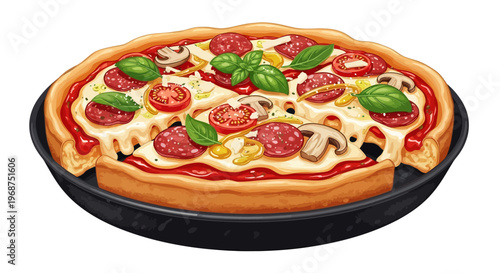 A celebratory illustration for National Deep Dish Pizza Day showcases a fully loaded, freshly baked pizza with melted cheese and vegetable toppings, presented in a colorful, appetizing