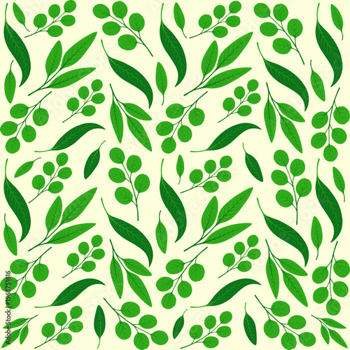 Eucalyptus Leaf Seamless Pattern, Green Botanical Foliage Background, Nature Texture