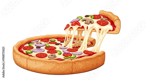 A colorful vector illustration celebrates National Deep Dish Pizza Day with a close-up design of a cheesy deep-dish pizza featuring melted cheese and various vegetables, set against a clean