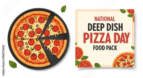 A vector illustration commemorates National Deep Dish Pizza Day with a banner featuring a sliced pizza with melted cheese and vegetables, alongside a promotional poster for the food event