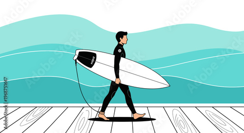 Surfer Striding With Board Toward Turquoise Ocean Waves