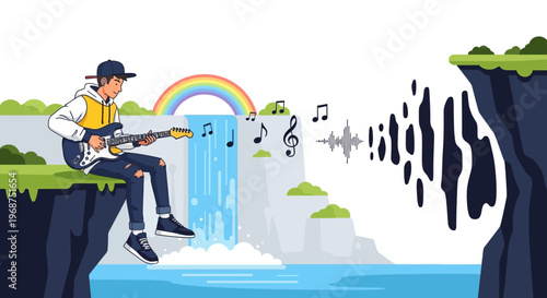 Teenage Guitarist Serenade By Nature Waterfall Rainbow Sound Waves