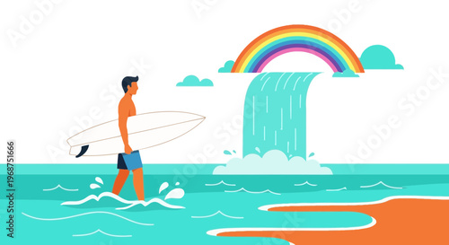 Surfer Walking Towards Mystical Rainbow Waterfall Paradise