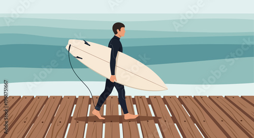 Surfer Walks On Wooden Pier Towards Ocean