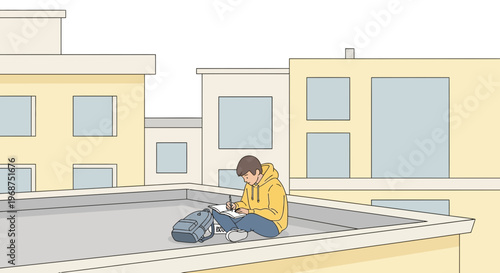 Teenager Sitting On Rooftop Writing A Notebook Amidst Urban Buildings