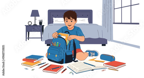 Flat style vector illustration of children organizing school supplies and backpacks, preparing for study and back to school season with education readiness concept