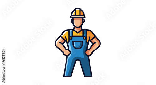 A construction worker in a yellow hard hat and blue overalls stands confidently on a construction site representing the workforce and labor.