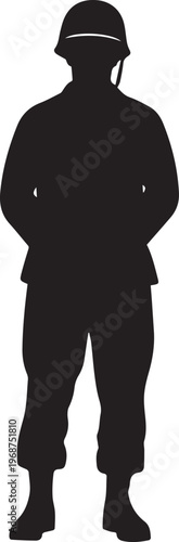 Silhouette illustration of soldier wearing helmet vector detailed line art on transparent background